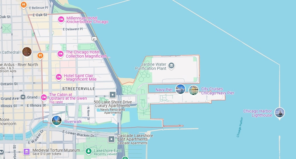 A map of Streeterville neighborhood in Chicago.