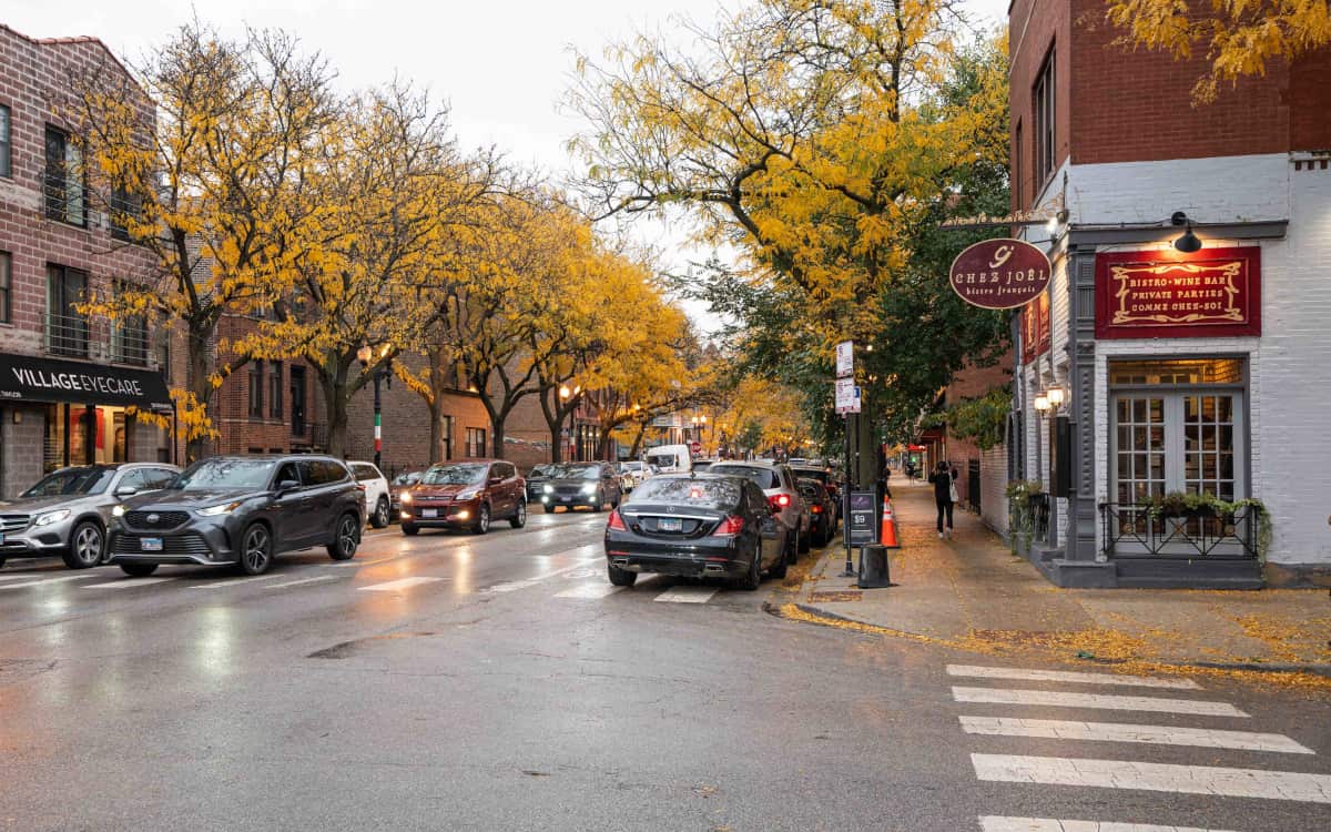 Tree-lined Taylor Street in Chicago's Little Italy neighborhood