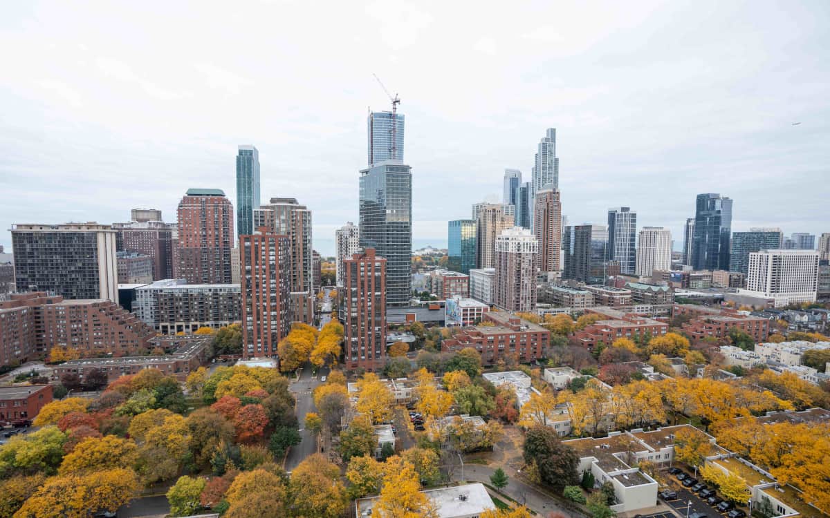 Overhead view of Chicago's South Loop neighborhood, low rise buildings and trees in the foreground and high rises in the background