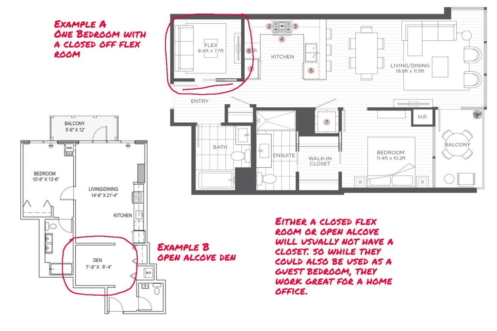 Floor plans of apartments with one-bedroom plus flex space for work from home renters