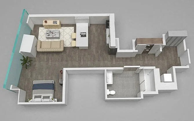 A studio apartment floor plan at 1001 S State apartments in Chicago