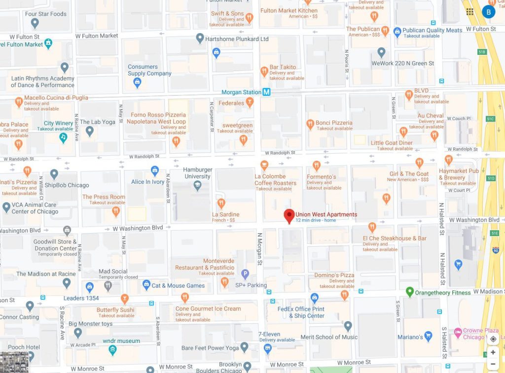 A map of restaurants in the neighborhood surrounding Union West luxury apartments 