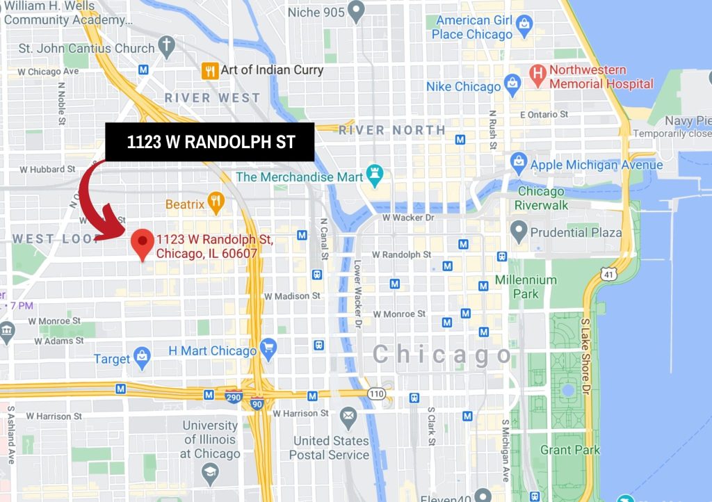 A map of the neighborhood around 1123 W Randolph in Chicago's West Loop