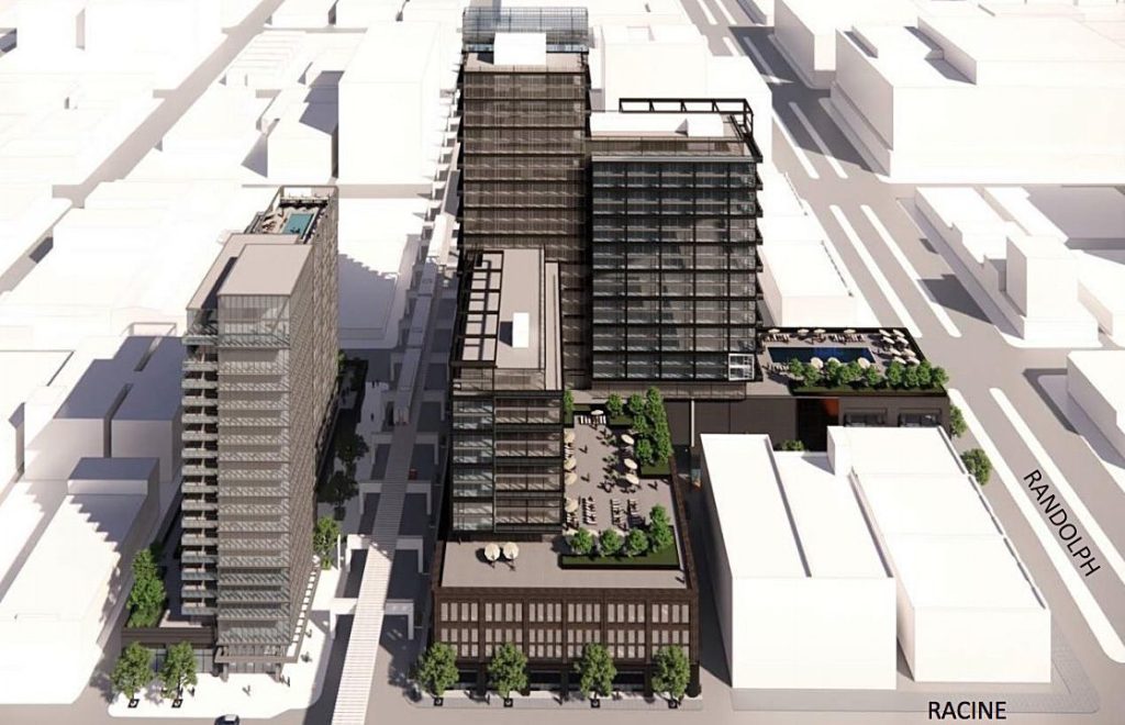 Rendering of the proposed two-tower Amylu apartment development in Chicago's Fulton Market