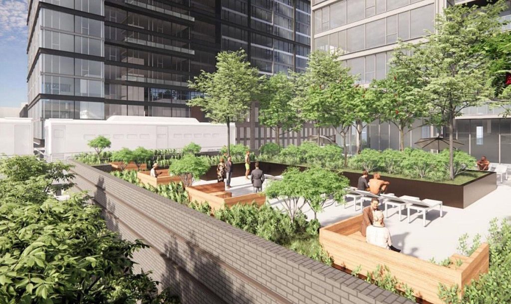 Rendering of a landscaped terrace for the proposed Amylu apartments in Chicago's West Loop