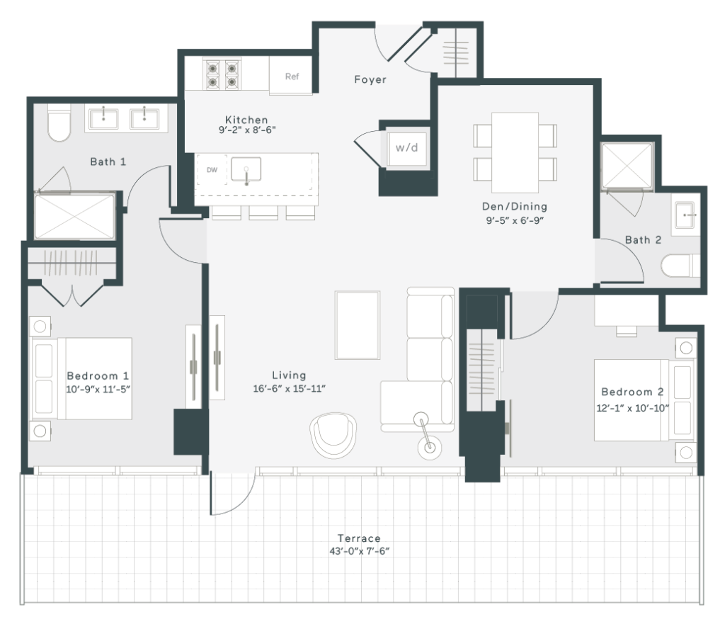 Two bedroom floorplan at 1400 Wabash.