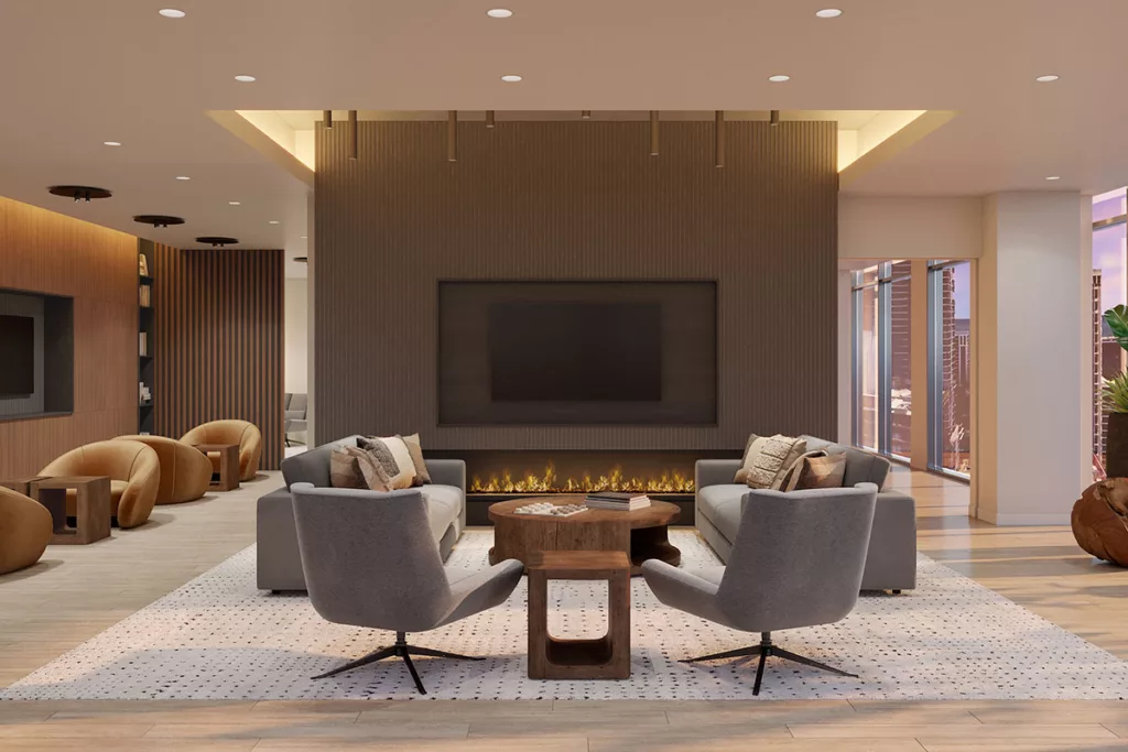 Lounge with a fireplace and seating.