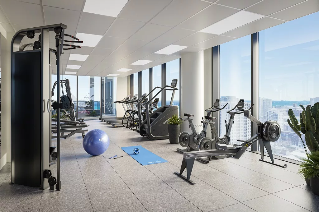 Fitness center in 1400 Wabash with breathtaking views.