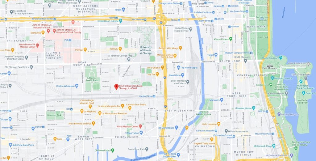The neighborhood map around The Rosie apartments in Chicago's Pilsen