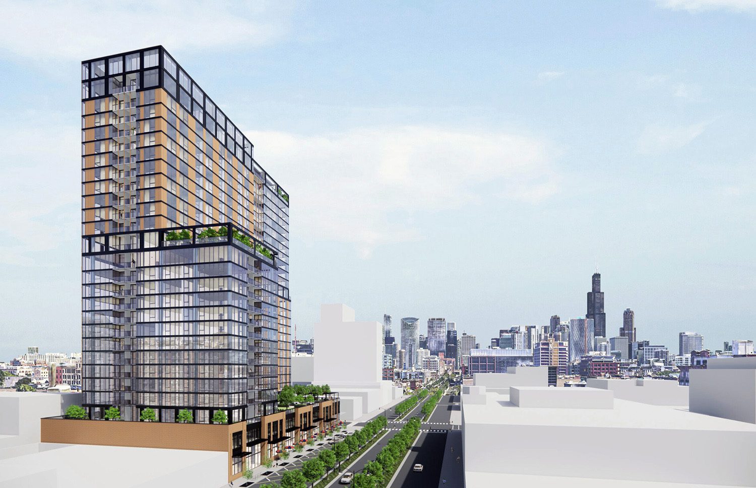 Rendering of new apartment in Chicago showing green trees along street and glass outside of building.