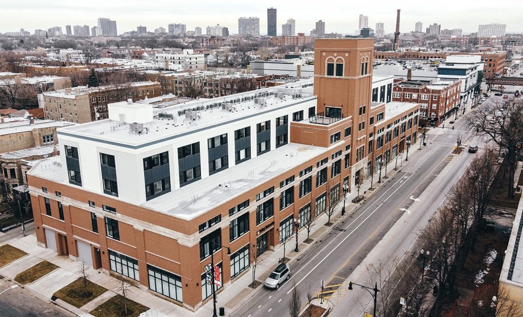 A shot of the new Sears building turned apartment building at 1900 W Lawrence in Chicago's Ravenswood neighborhood