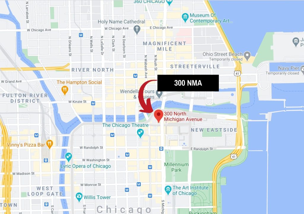 A map of the neighborhood surrounding the site of the new 300 NMA luxury apartments in Chicago's Loop