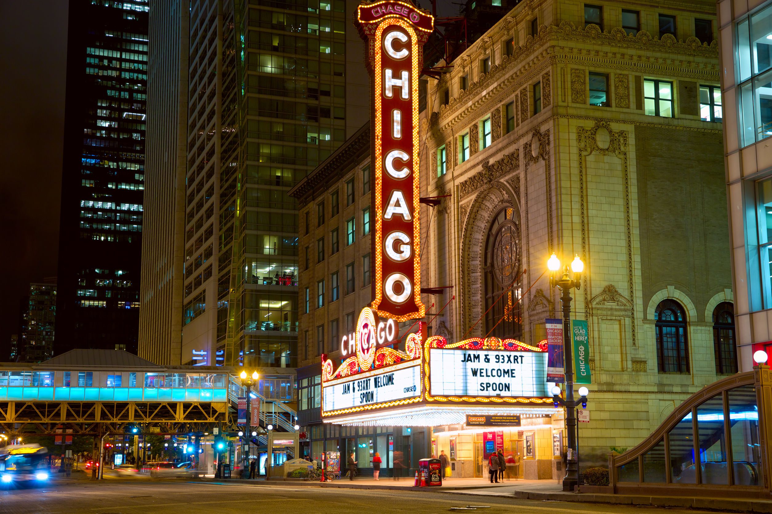 City view of Chicago Theater Marquee at night