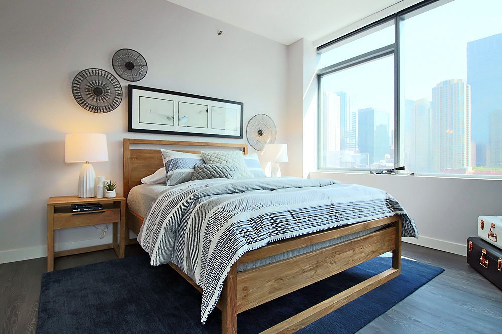 A view of a bedroom at 640 North Wells in downtown Chicago