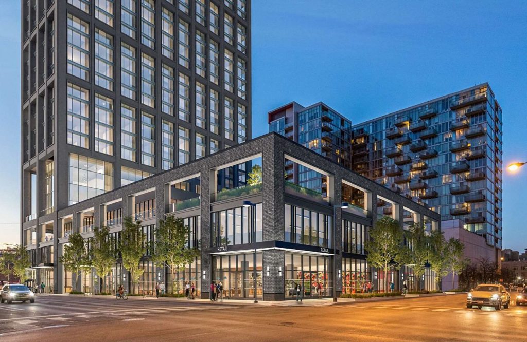 640 W Washington, Chicago luxury apartments, downtown, new construction, rendering, roof deck, floor-to-ceiling-windows, brick facade, downtown, amenities, high-rise, hardwood floors, dog-friendly, pet friendly
