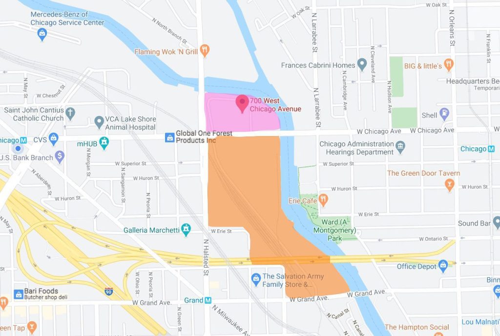 A map showing where downtown Chicago's new River District near River West is located