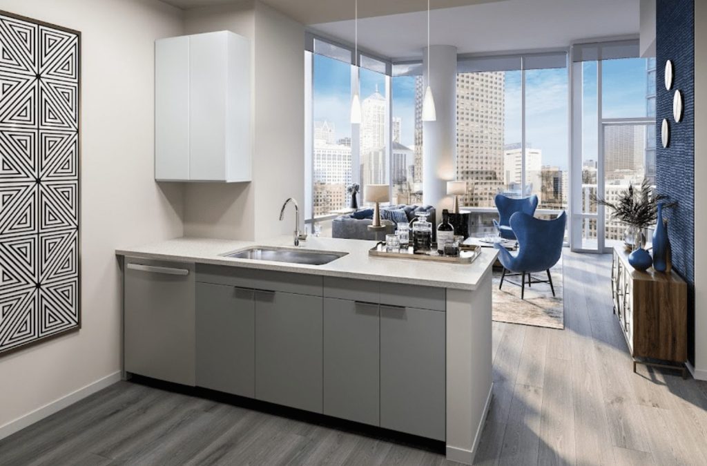 A kitchen space in Alta Grand Central apartments in Chicago's South Loop