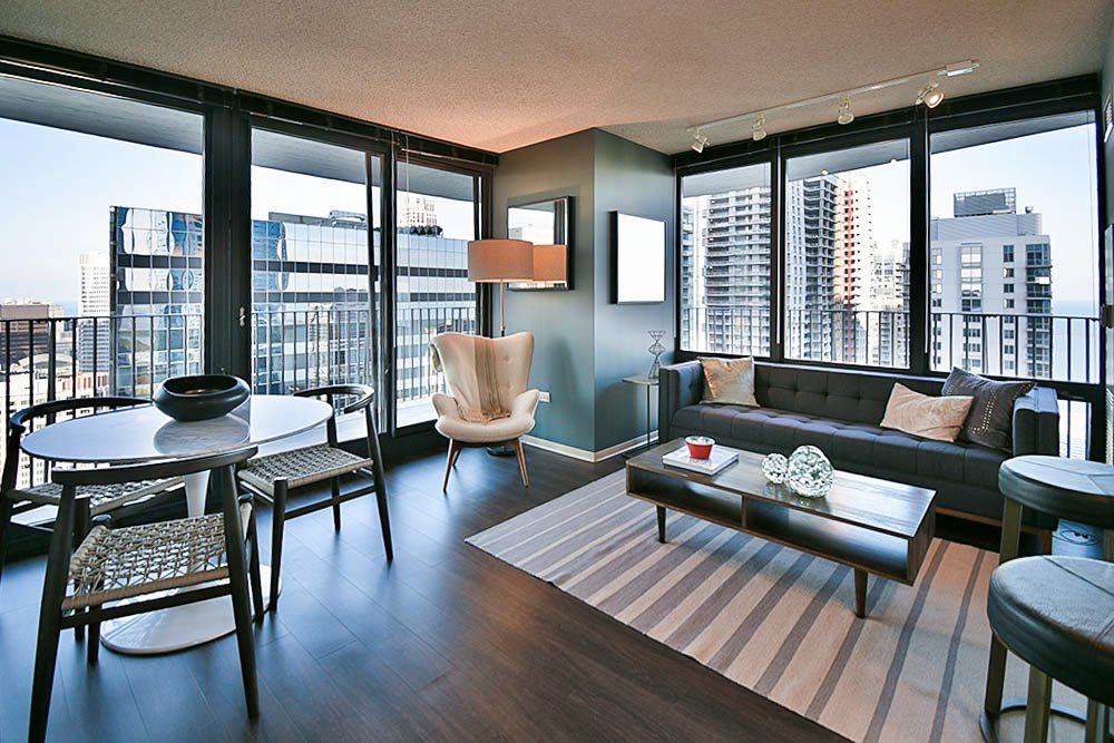 A view of a corner unit at Aqua luxury apartments in Chicago's Lakeshore East neighborhood