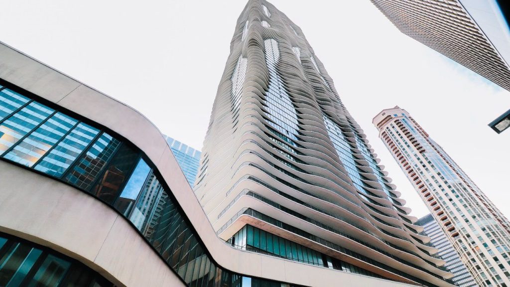 The exterior of Aqua luxury apartments in Chicago's Lakeshore East neighborhood