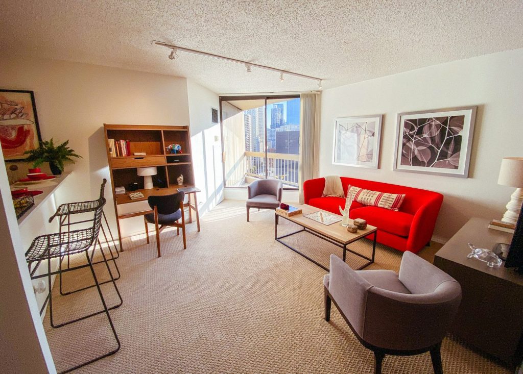 A view of the living space at a convertible apartment in downtown Chicago