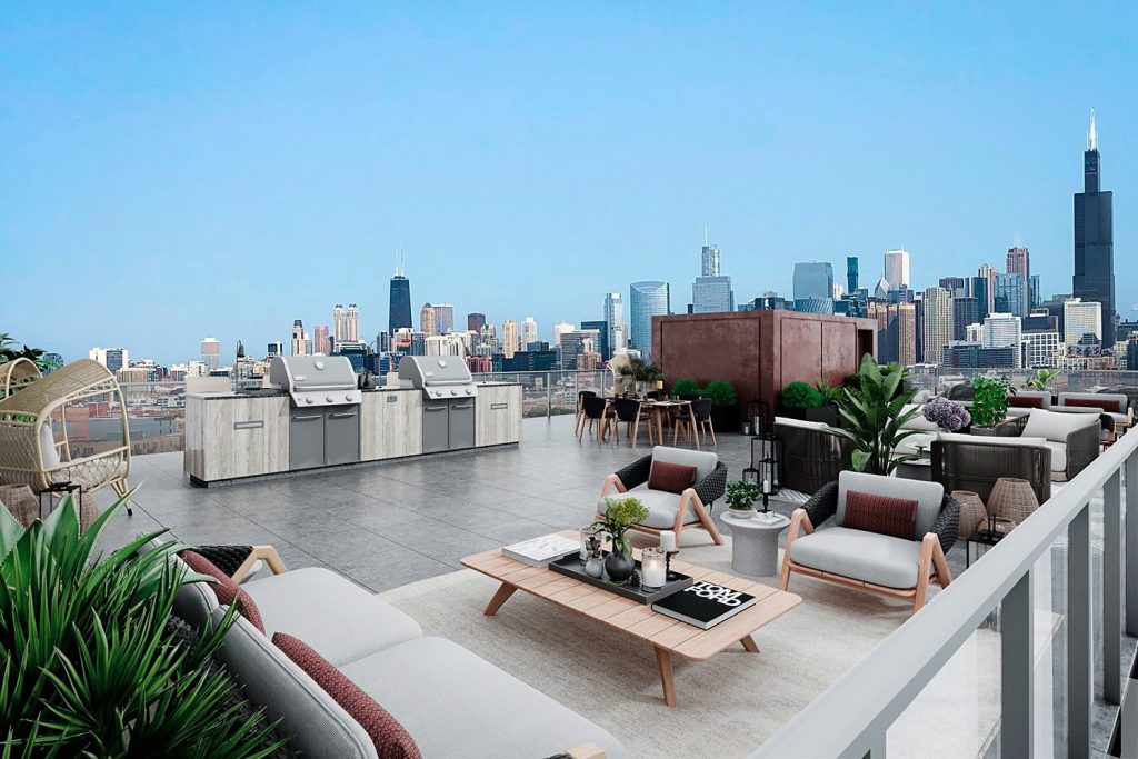 The rooftop amenity space at Atrio apartments in the Illinois Medical District