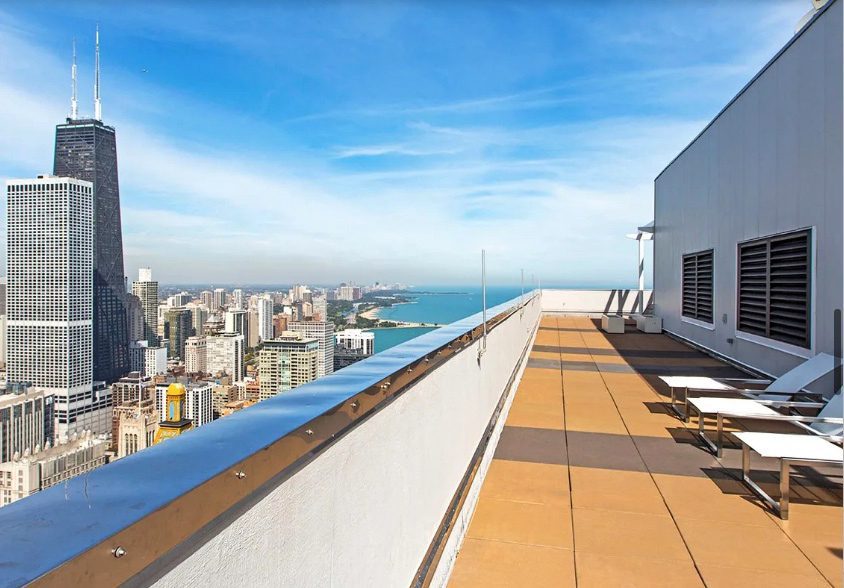 A view of Lake Michigan from the rooftop deck at Axis apartments in downtown Chicago