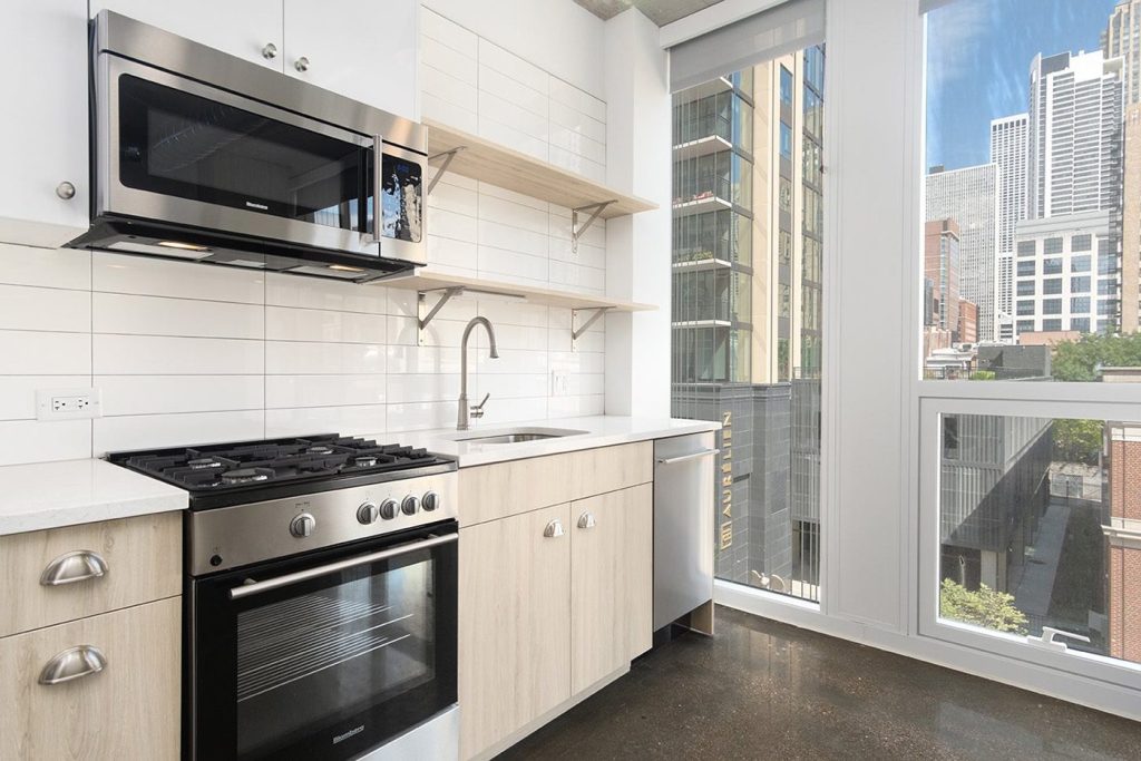 A kitchen in the Bush Temple luxury apartments in Chicago's River North neighborhood