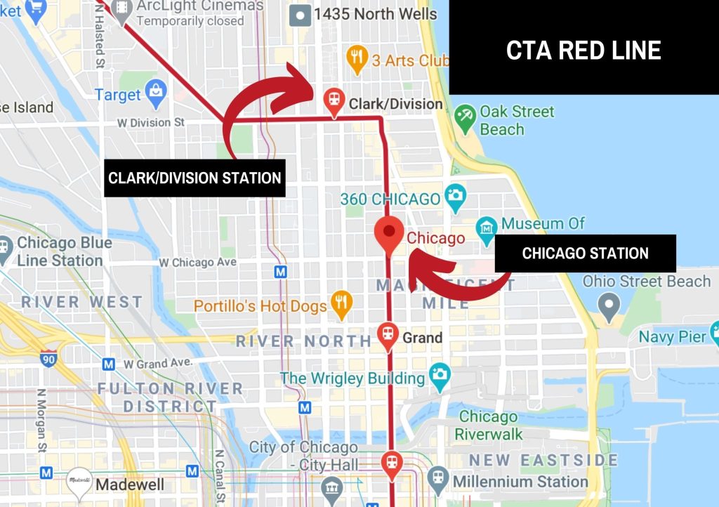 A map of Chicago's CTA Red Line, running through the Gold Coast