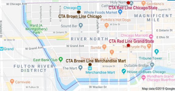 Map of CTA train stops in River North