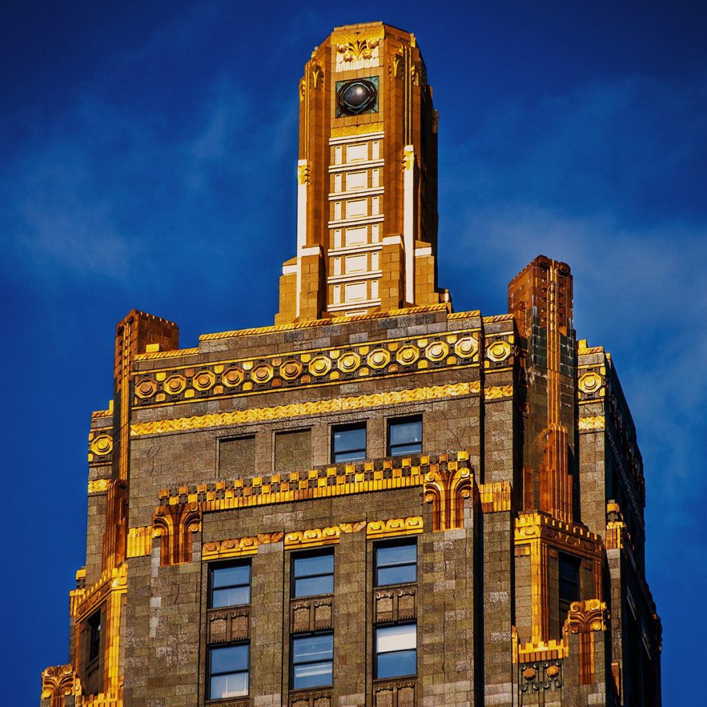 A view of the top of the gold leaf accented Carbide and Carbon Building in Chicago's Loop