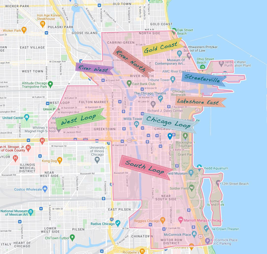 A map identifying Chicago's 8 downtown neighborhoods