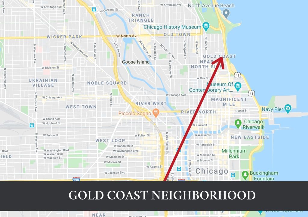 Map showing where Chicago's Gold Coast neighborhood is on a map of downtown Chicago
