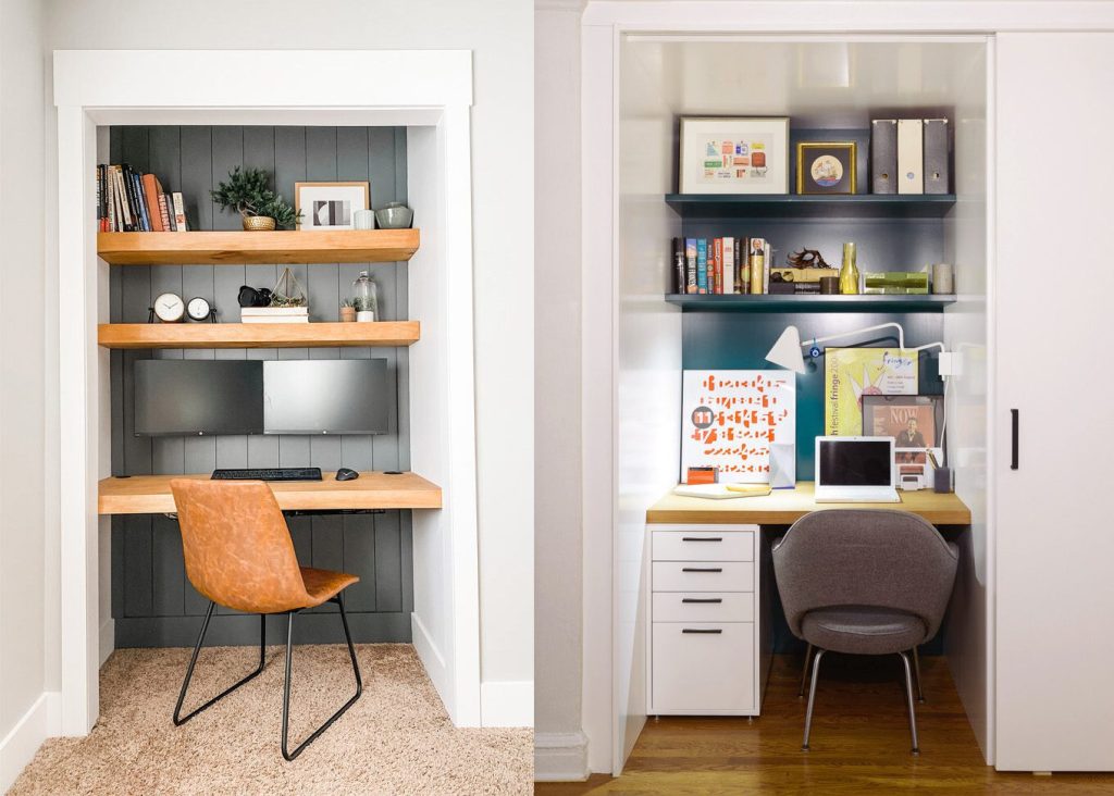 Two images of a closet turned into a work from home office space