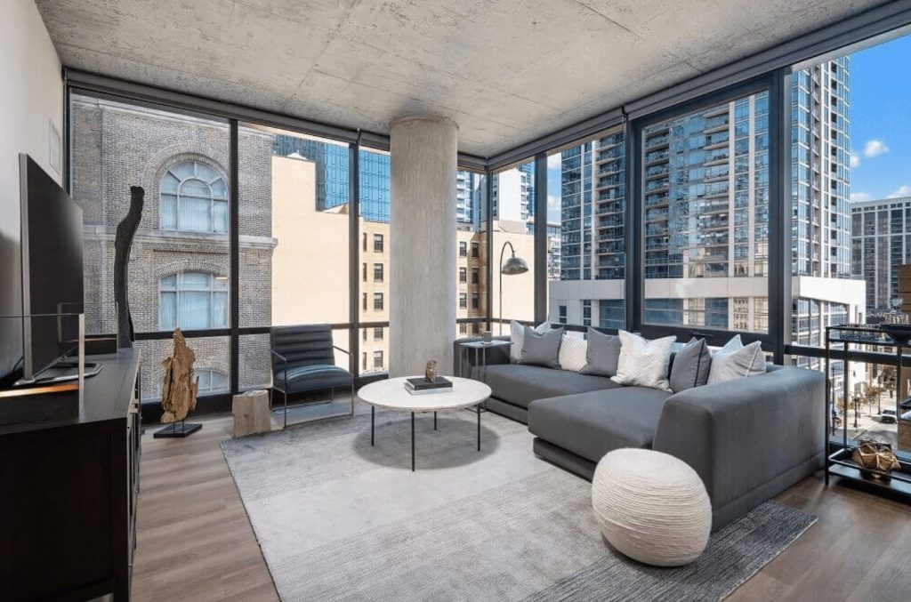 A living space at Coeval apartments in Chicago's South Loop