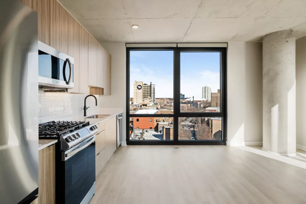 View from kitchen at Platform 4611 with floor to ceiling windows.