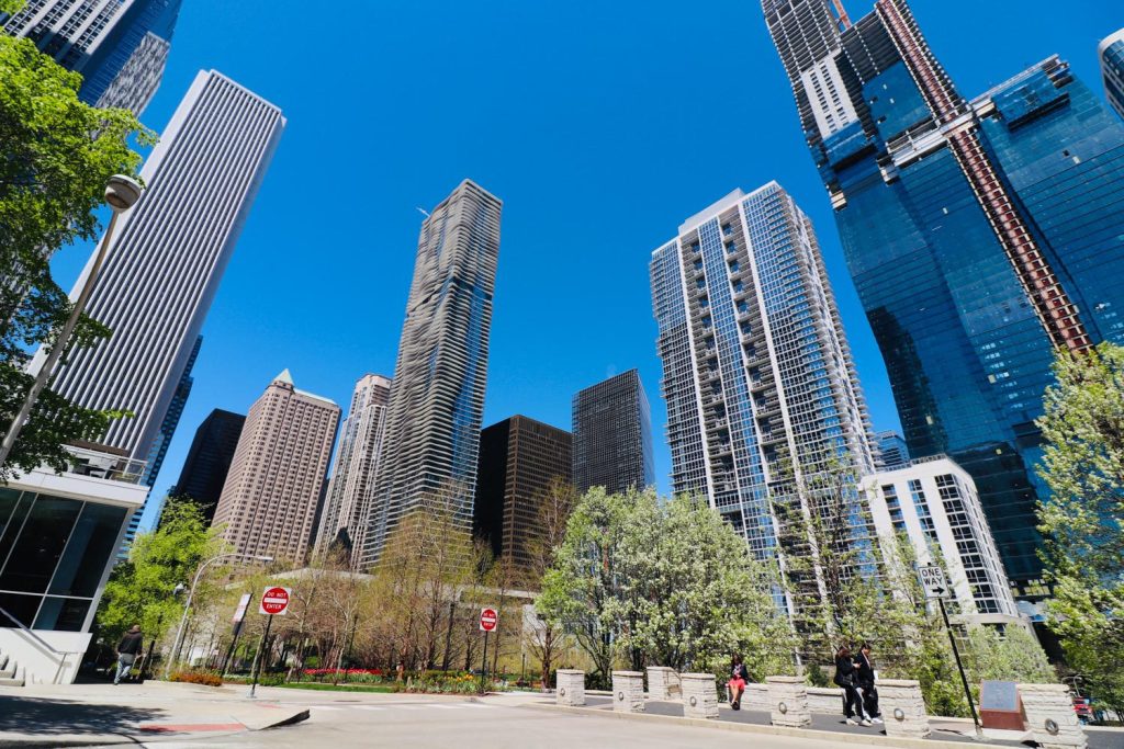 The AON Building and Vista Tower apartments in Chicago's Lakeshore East neighborhood 