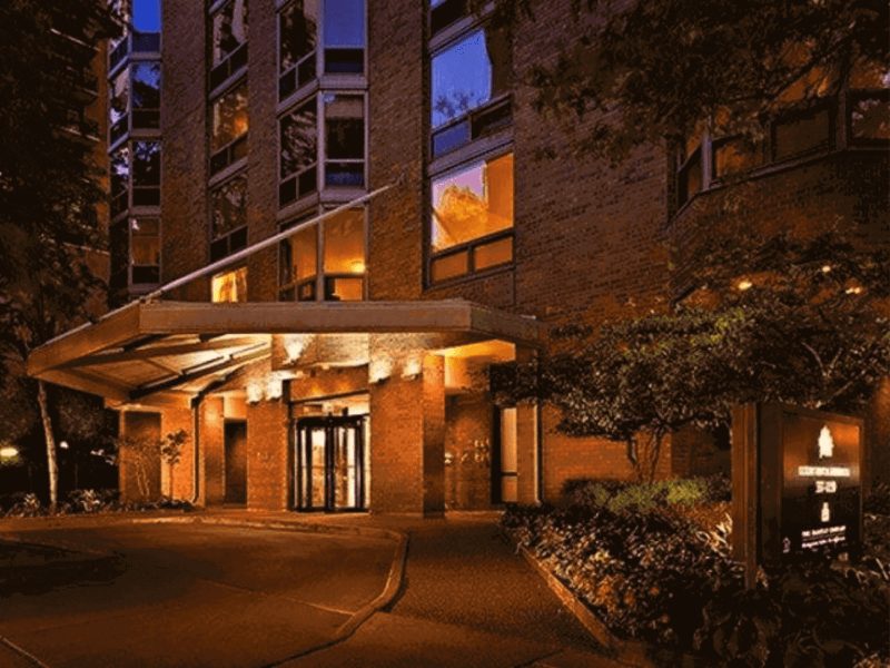 Outdoor Exterior shot at night of Elm Street Plaza Entrance