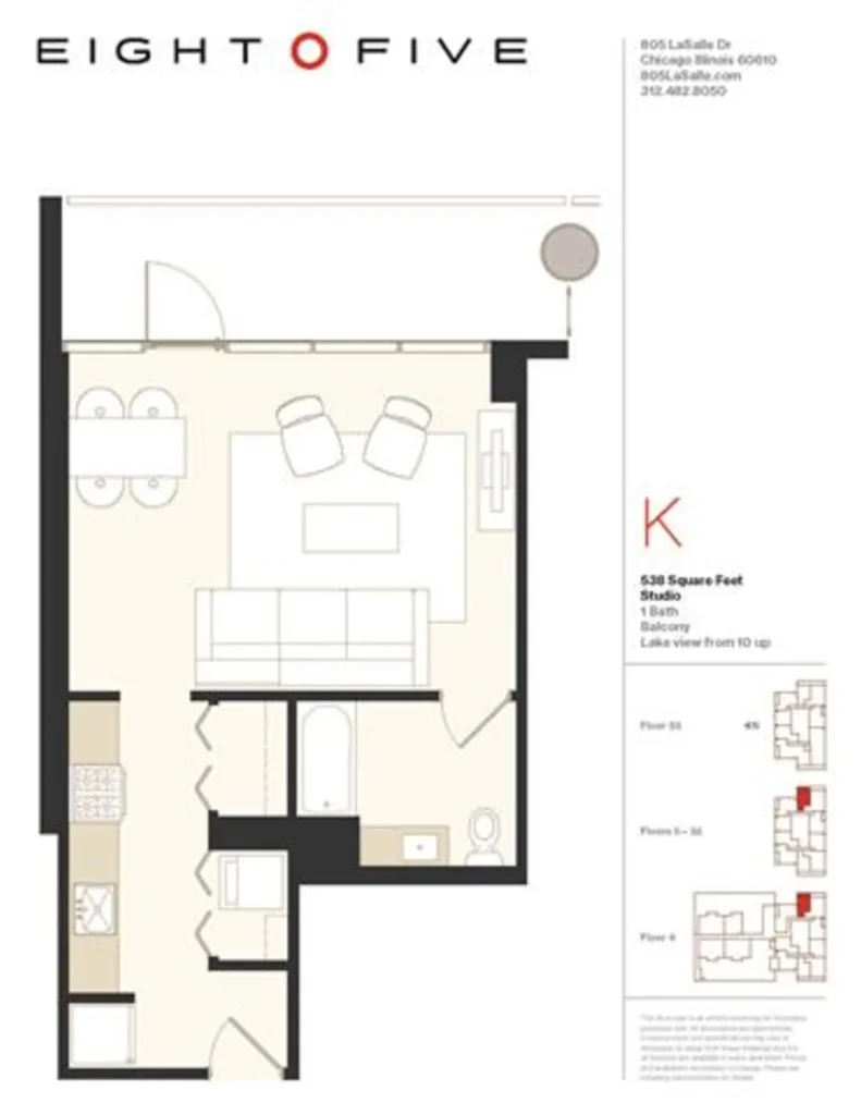 A studio apartment floor plan at Eight O Five apartments in downtown Chicago