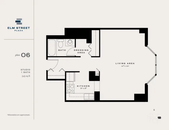A studio apartment floor plan from Elm Street Plaza apartments in Chicago's Gold Coast
