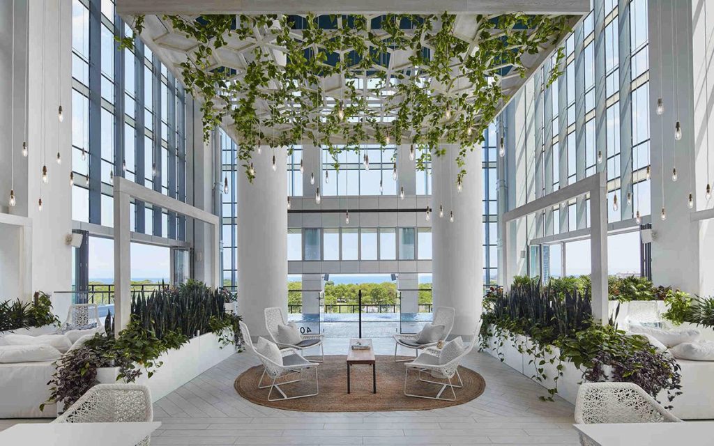 A view of the winter garden space at Essex on the Park apartments in Chicago's South Loop