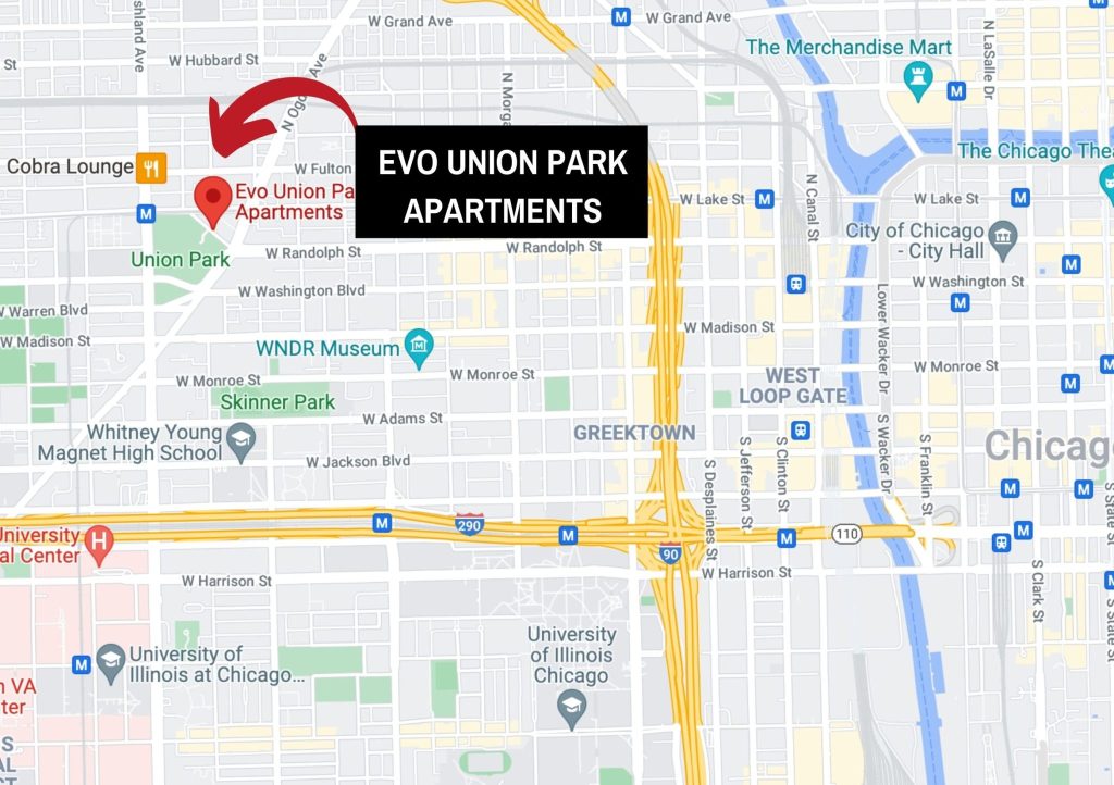A map of the neighborhood that Evo Union Park is in