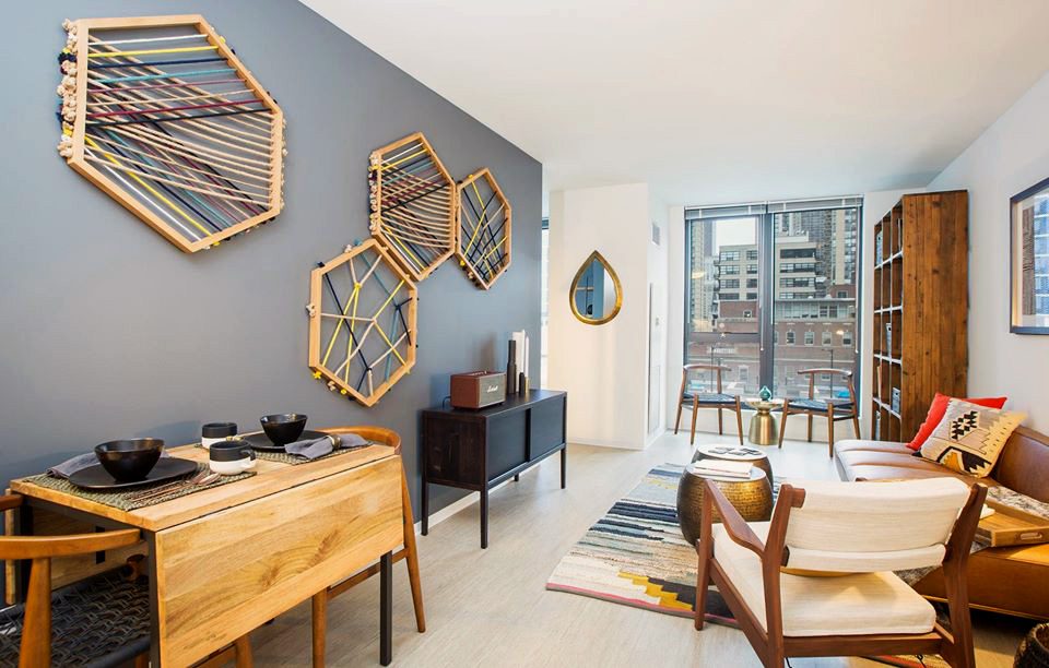 The interior of a luxury apartment in Chicago, painted with blue walls