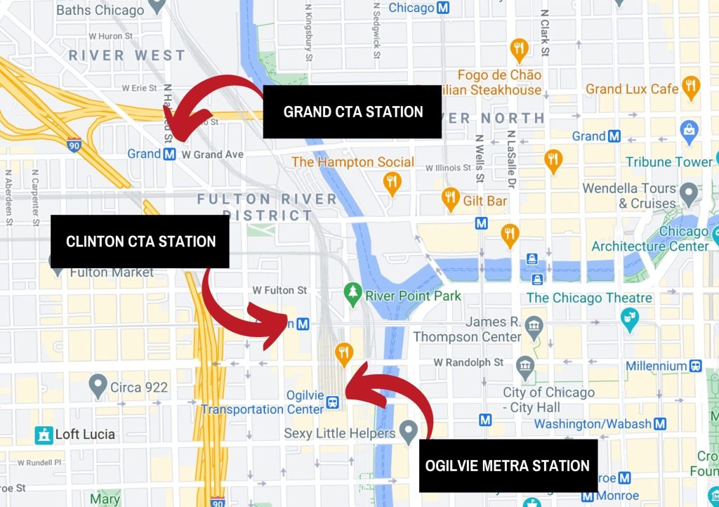 CTA and Metra train stations in Chicago's Fulton River District
