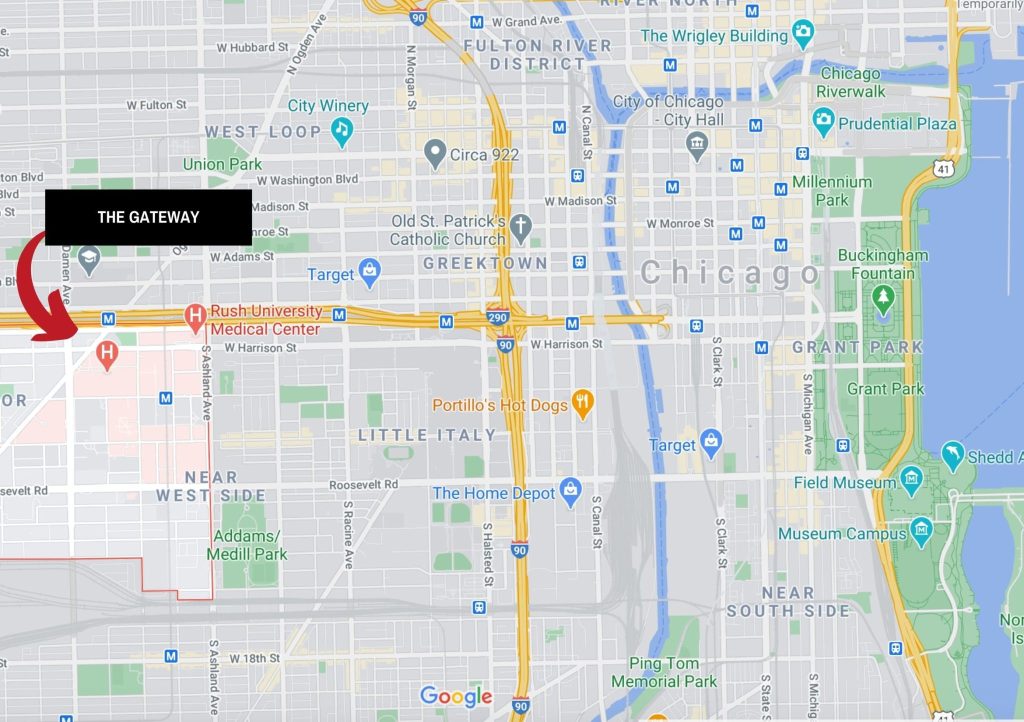 A map of where the new Gateway Apartments will be located near the Illinois Medical District