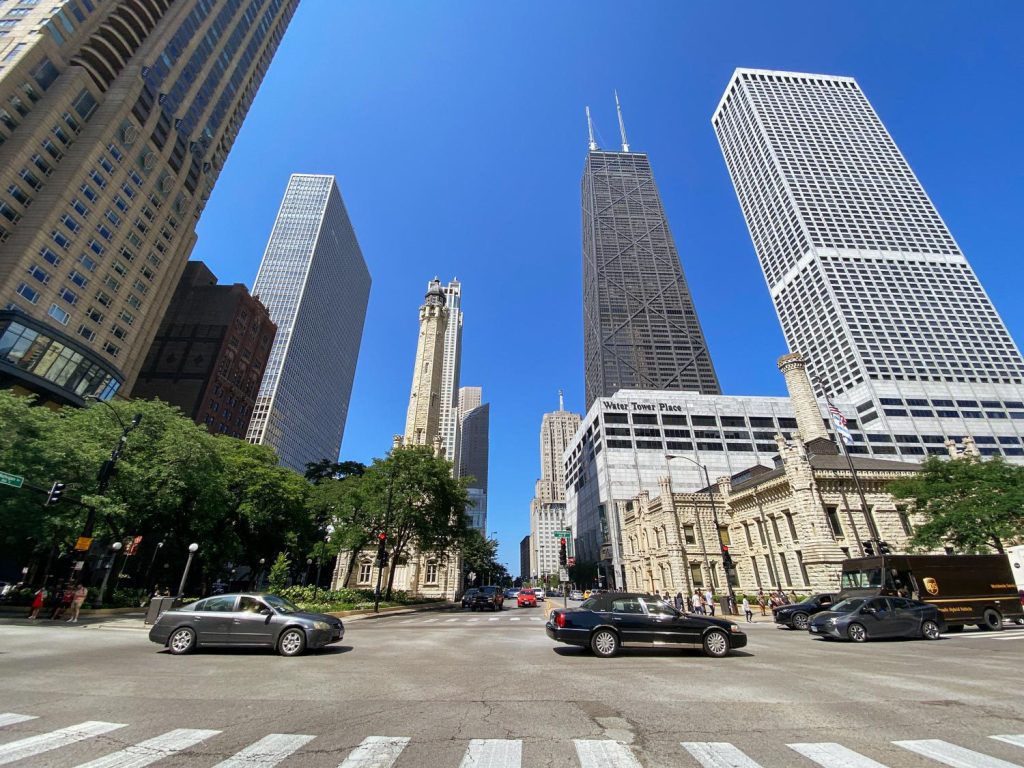 The view looking south on Michigan Avenue, with Water Tower Place and Willis Tower in sight