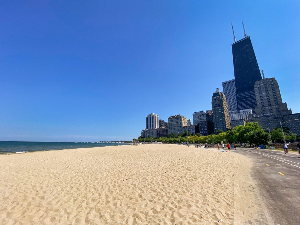 Sunny blue skies welcome you to a day of fun at Oak Street Beach in the Gold Coast