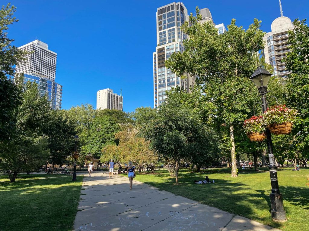 Sunny and green Washington Park in Chicago's Gold Coast neighborhood