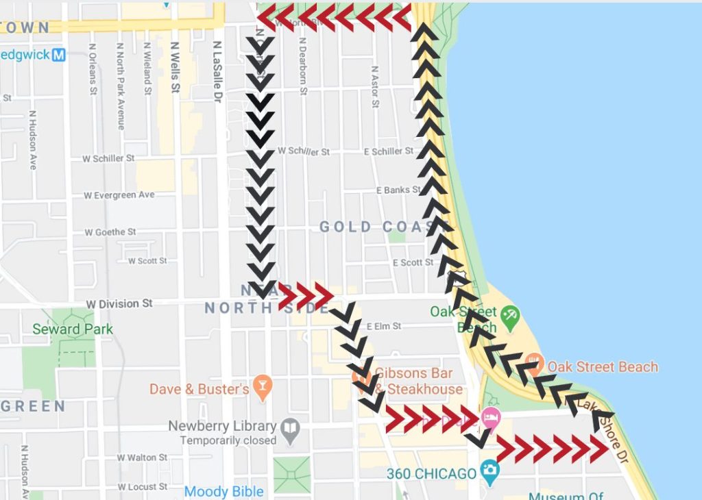 A map showing the walking route around Chicago's Gold Coast neighborhood historic borders