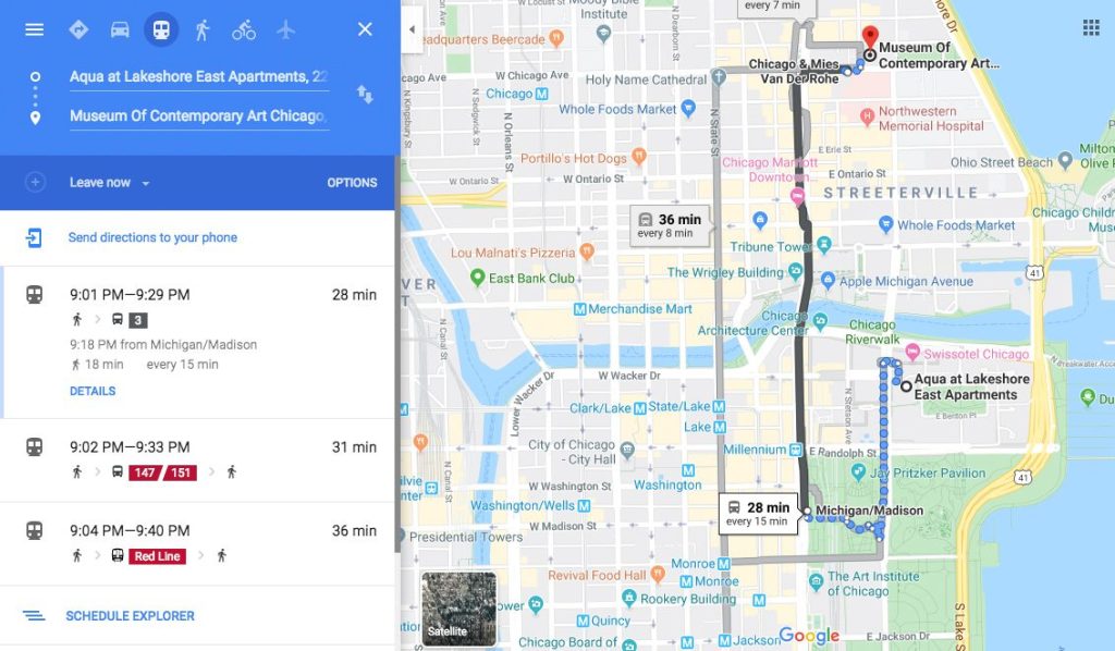 Screenshot of Google's direction finder showing directions from Aqua Apartments to the Museum of Contemporary Art