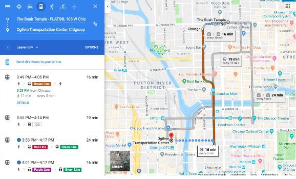 Screenshot of Google Transit directions in River North